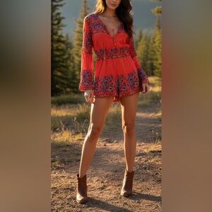 Dainty Hooligan Red Orange and Blue Patterned Romper
